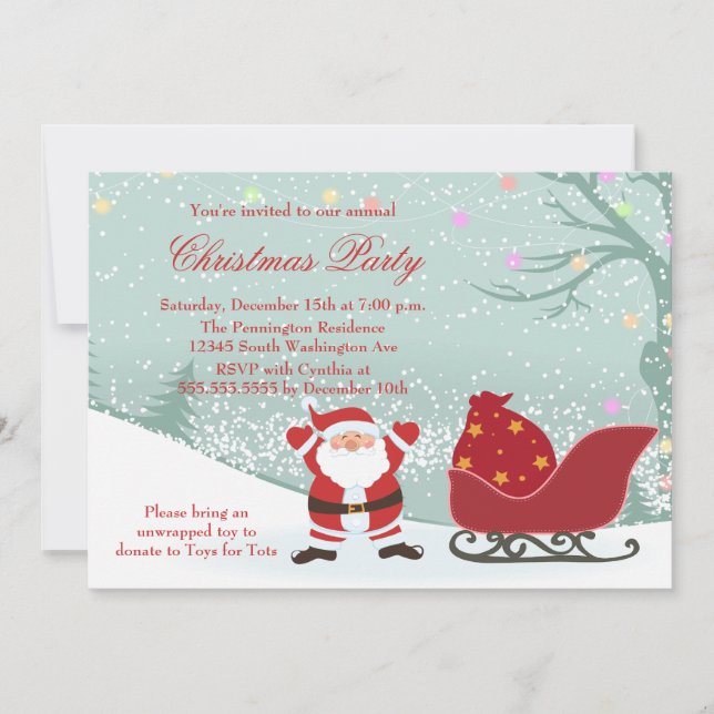 Snowing Santa sleigh Christmas party invitation (Front)
