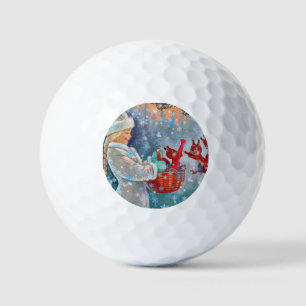 Snowing Winter Christmas Cute Girl with Squirrels Golf Balls
