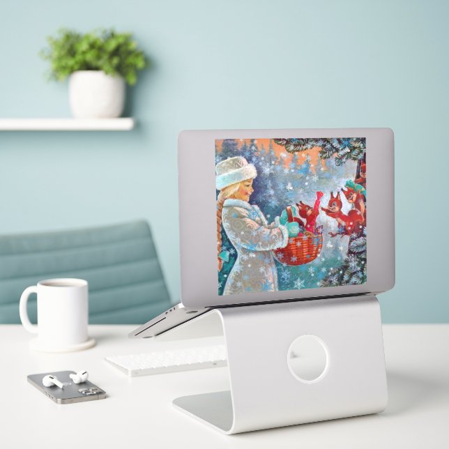 Snowing Winter Christmas Cute Girl with Squirrels  Sticker (Laptop On Desk)