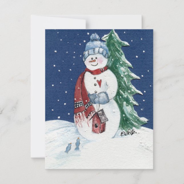 SnowLady Welcomes Birds To Birdhouse in the Woods Holiday Card (Front)
