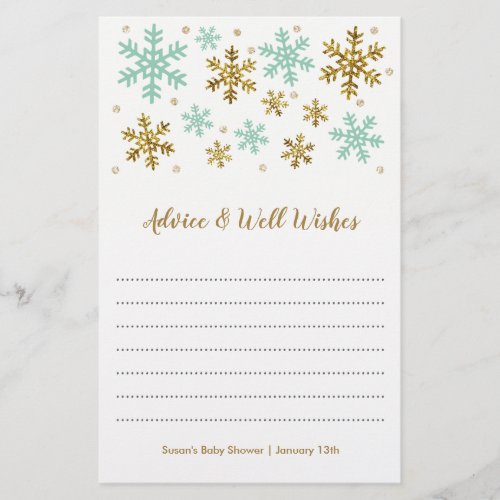 Snowlfakes Mint and Gold Winter Baby Shower Advice