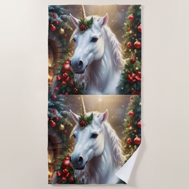 Snowlight: The Enchanted Christmas Unicorn Beach Towel (Front)