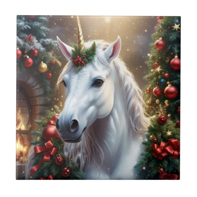 Snowlight: The Enchanted Christmas Unicorn Ceramic Tile (Front)