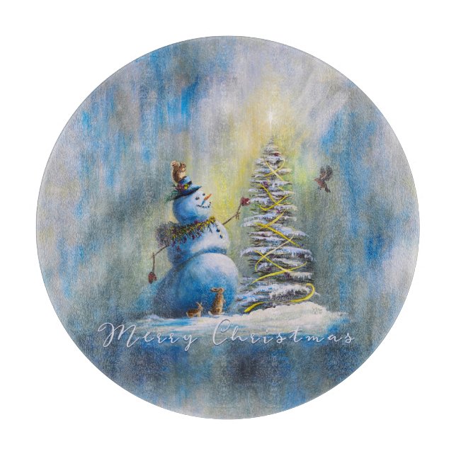 Snowman 12" Round Cutting Board (Front)