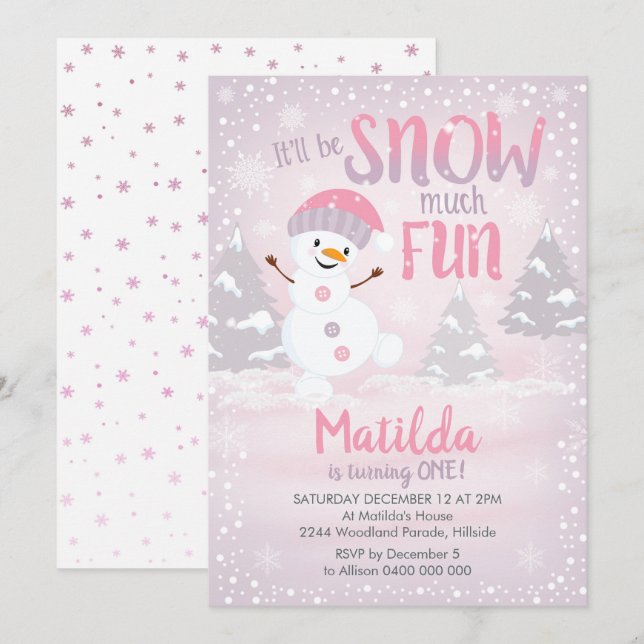 Snowman 1st Birthday Invitation Winter Girl (Front/Back)