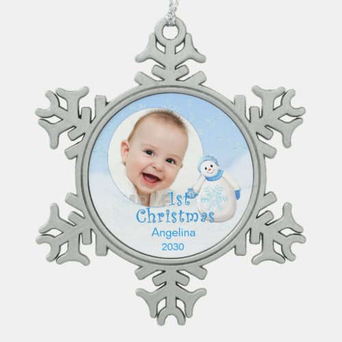 Snowman 1st Christmas Custom Photo Snowflake Pewter Christmas Ornament
