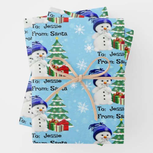 Snowman Add Childs Name 3 Christmas Wrapping Paper Sheets