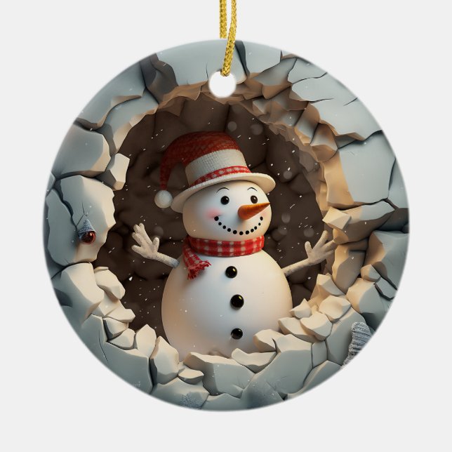 Snowman Adventure Winter Fun Ceramic Ornament (Front)