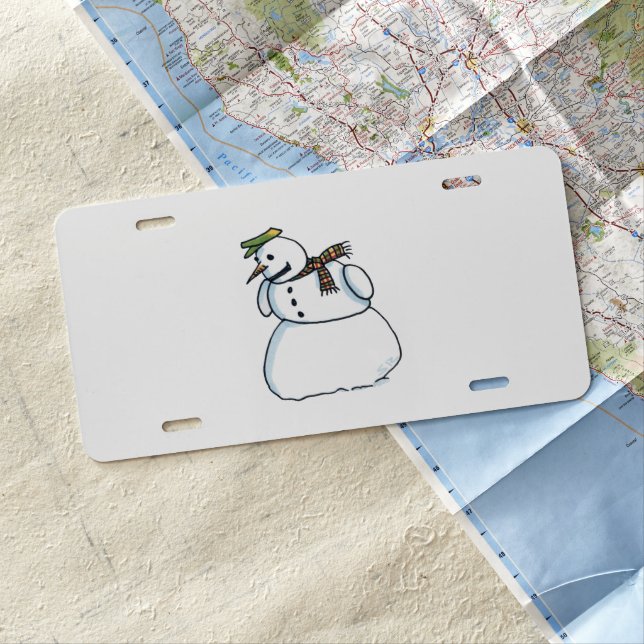 Snowman aluminum car license plate (In Situ)