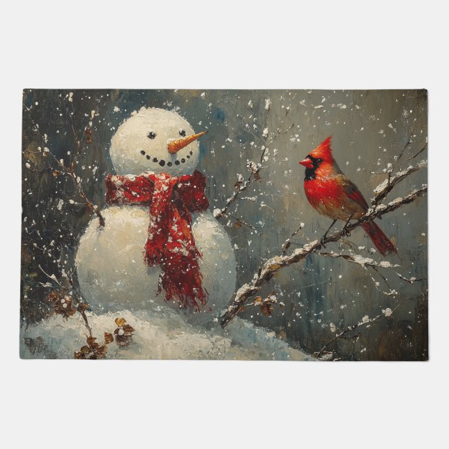 Snowman and a Cardinal Oil Painting Doormat (Front)