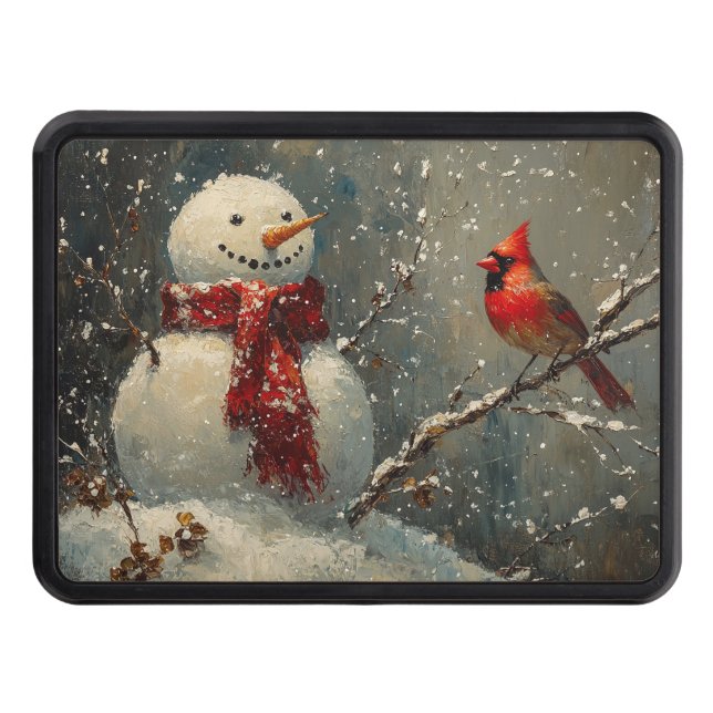 Snowman and a Cardinal Oil Painting Hitch Cover (Front)