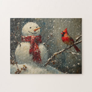 Snowman and a Cardinal Oil Painting Jigsaw Puzzle