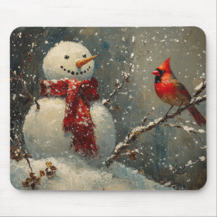 Snowman and a Cardinal Oil Painting Mouse Pad