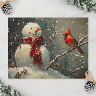Snowman and a Cardinal Oil Painting Postcard