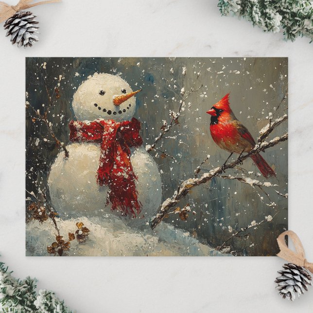 Snowman and a Cardinal Oil Painting Postcard (Creator Uploaded)