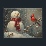 Snowman and a Cardinal Oil Painting Postcard<br><div class="desc">A heartwarming oil painting featuring a cheerful snowman and a bright red cardinal,  capturing the cozy magic of wintertime.</div>
