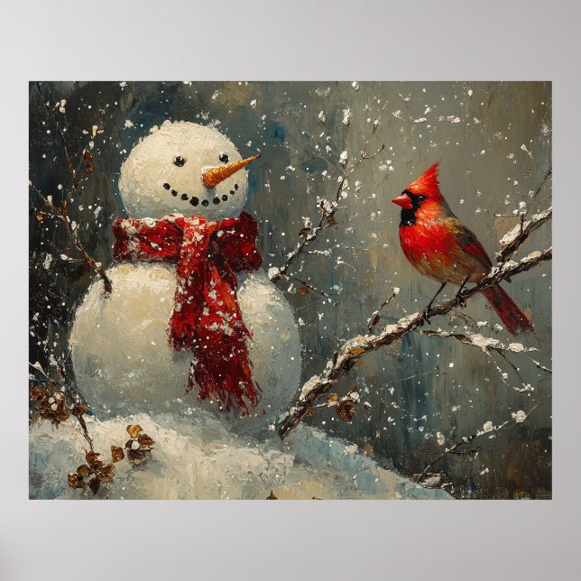 Snowman and a Cardinal Oil Painting Poster (Front)