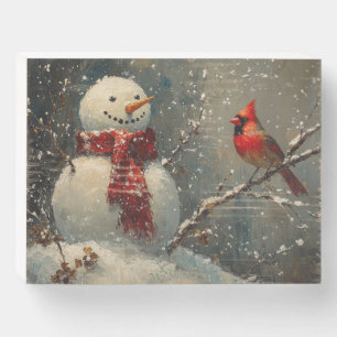 Snowman and a Cardinal Oil Painting Wooden Box Sign