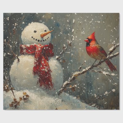 Snowman and a Cardinal Oil Painting Wrapping Paper