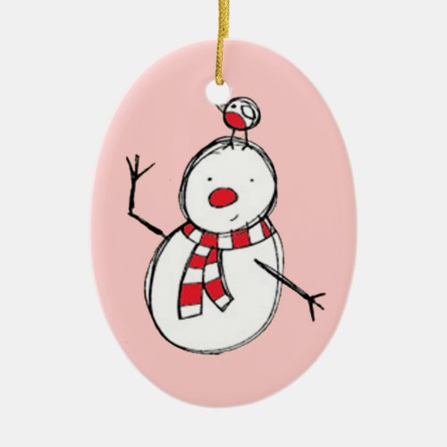 Snowman and Bird Ceramic Ornament