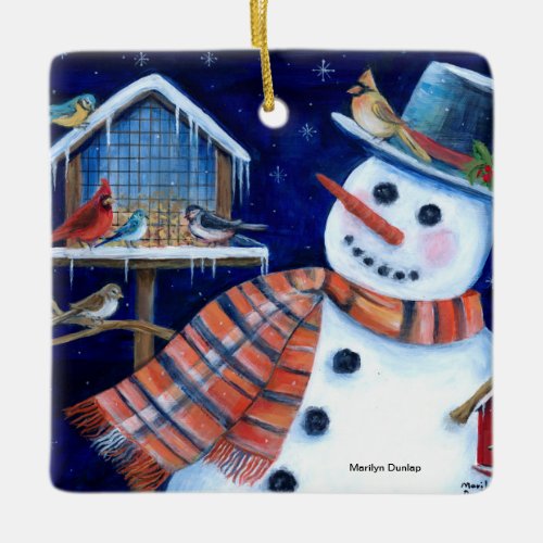 Snowman and Bird Feeder Ceramic Ornament