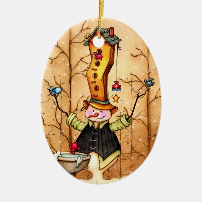 Snowman and Bird Friends Christmas Ornament (Front)