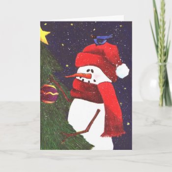Snowman And Blue Jay Holiday Card by bmullard at Zazzle