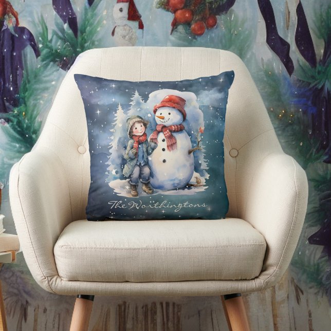 Snowman and Boy with Scarves Starry Night Monogram Throw Pillow (Creator Uploaded)