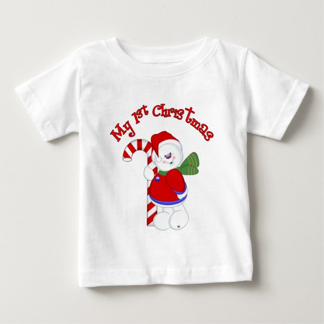 Snowman and Candycane 1st Christmas Baby T-Shirt (Front)