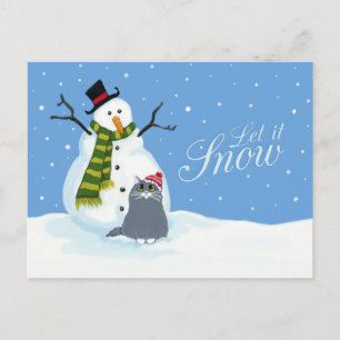 Snowman and Cat Let it Snow Christmas Postcards