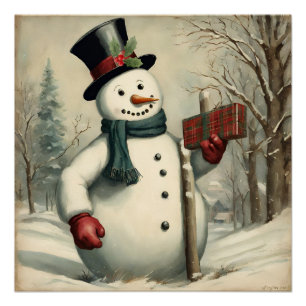 Snowman and Christmas Gift Winter Illustration  Poster