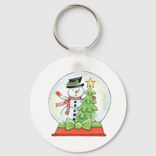 Snowman and Christmas Tree in a Snow Globe Keychain