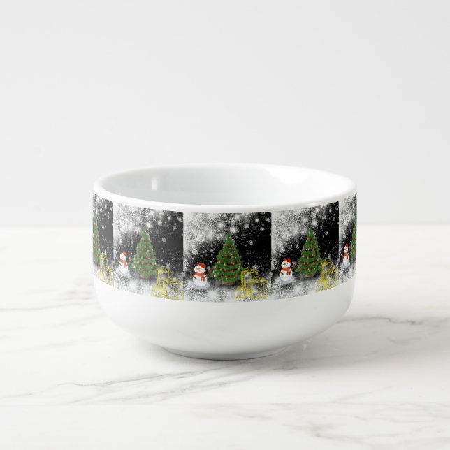 Snowman and Christmas Tree Soup Mug (Front)