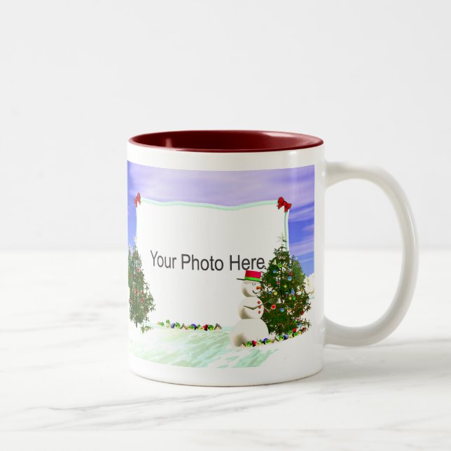 Snowman and Christmas Trees 2-Photo Frame Two-Tone Coffee Mug (Right)