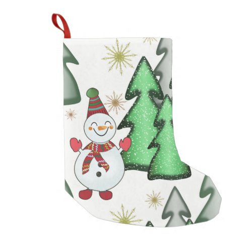 Snowman and Christmas trees Small Christmas Stocking