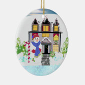 Snowman and Cozy House Ceramic Ornament (Right)