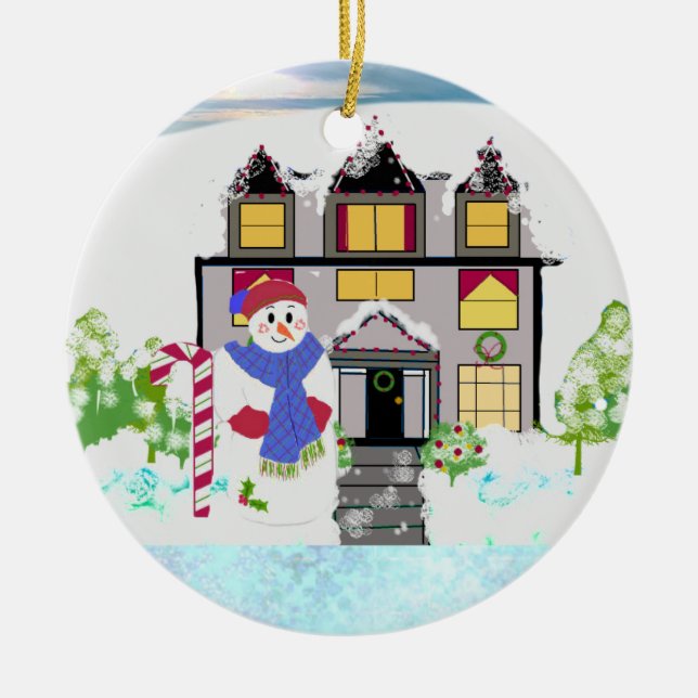 Snowman and Cozy House Ceramic Ornament (Front)