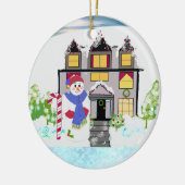 Snowman and Cozy House Ceramic Ornament (Left)