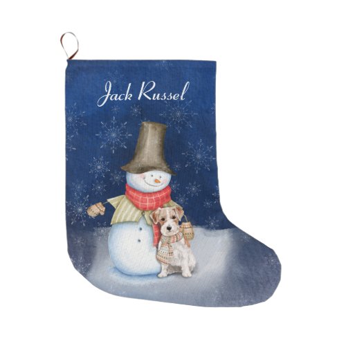 Snowman and dog_ Jack Russell Terrier  Large Christmas Stocking