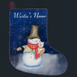 Snowman and dog- Westie Large Christmas Stocking<br><div class="desc">Sweet Christmas stocking for your fur baby featuring an adorable snowman with your breed of dog In the gently falling snow. Don’t worry moms and dads,  he’s got a scarf on for warmth.</div>