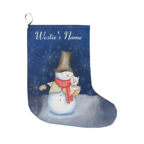 Snowman and dog_ Westie Large Christmas Stocking