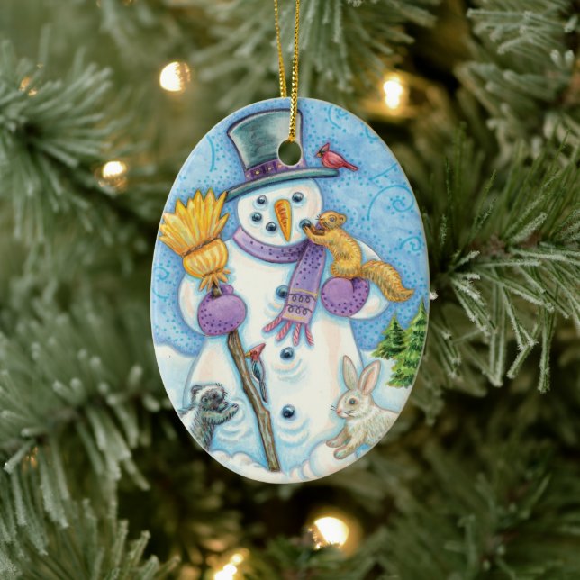 Snowman and Friends Retro Christmas Ceramic Ornament (Tree)