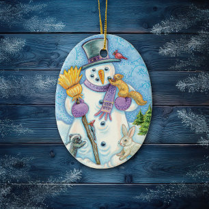 Snowman and Friends Retro Christmas Ceramic Ornament