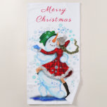 Snowman and Girl Dancers Christmas Beach Towel<br><div class="desc">Beach Towels with Happy Snowman and Girl Dance Tango Christmas Party Fun Cartoon Drawing - Choose / Add Your Unique Text / Name / Color - Make Your Special Gift - Resize and move or remove and add elements / text with customization tool ! Drawing and Design by MIGNED. Please...</div>