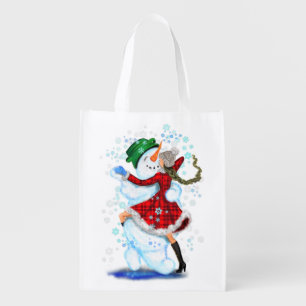 Snowman and Girl Dancers Christmas Grocery Bag