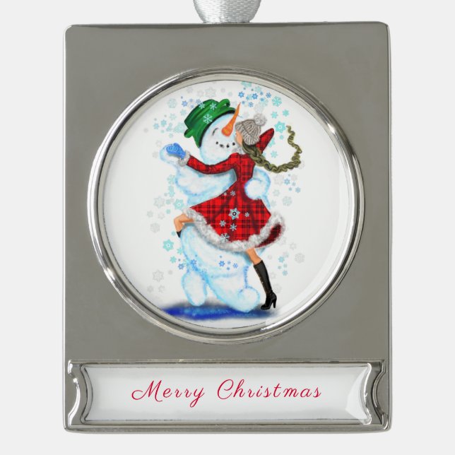 Snowman and Girl Dancers Christmas Ornament (Front)