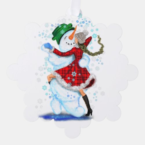 Snowman and Girl Dancers Christmas Ornament Card