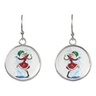 Snowman and Girl Dancers Funny Christmas Earrings
