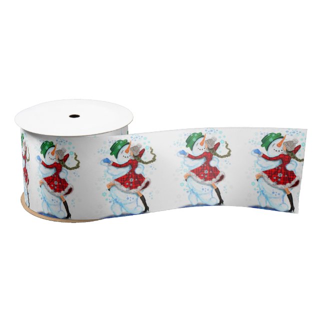 Snowman and Girl Dancers Funny Christmas Ribbon (Spool)
