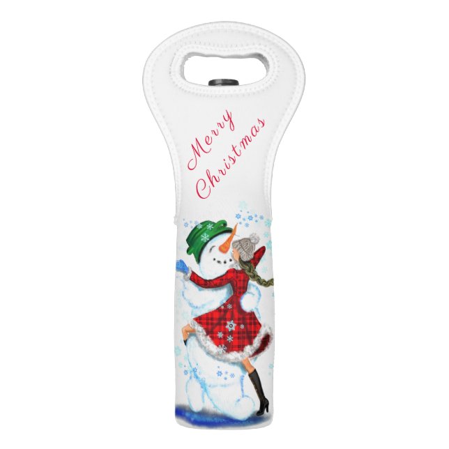 Snowman and Girl Dancets Christmas Wine Bag (Front)